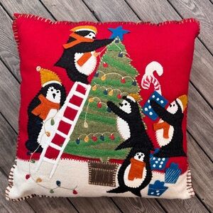Vintage Pier 1 Christmas Penguin Christmas Tree Pillow Embroidered Wool Blend